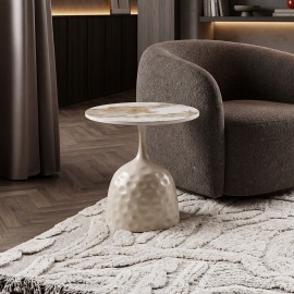 278-000105 Βοηθητικό τραπέζι Amphora pakoworld μέταλλο cappuccino-τραβερτίνα με όψη μαρμάρου Φ50x47εκ
